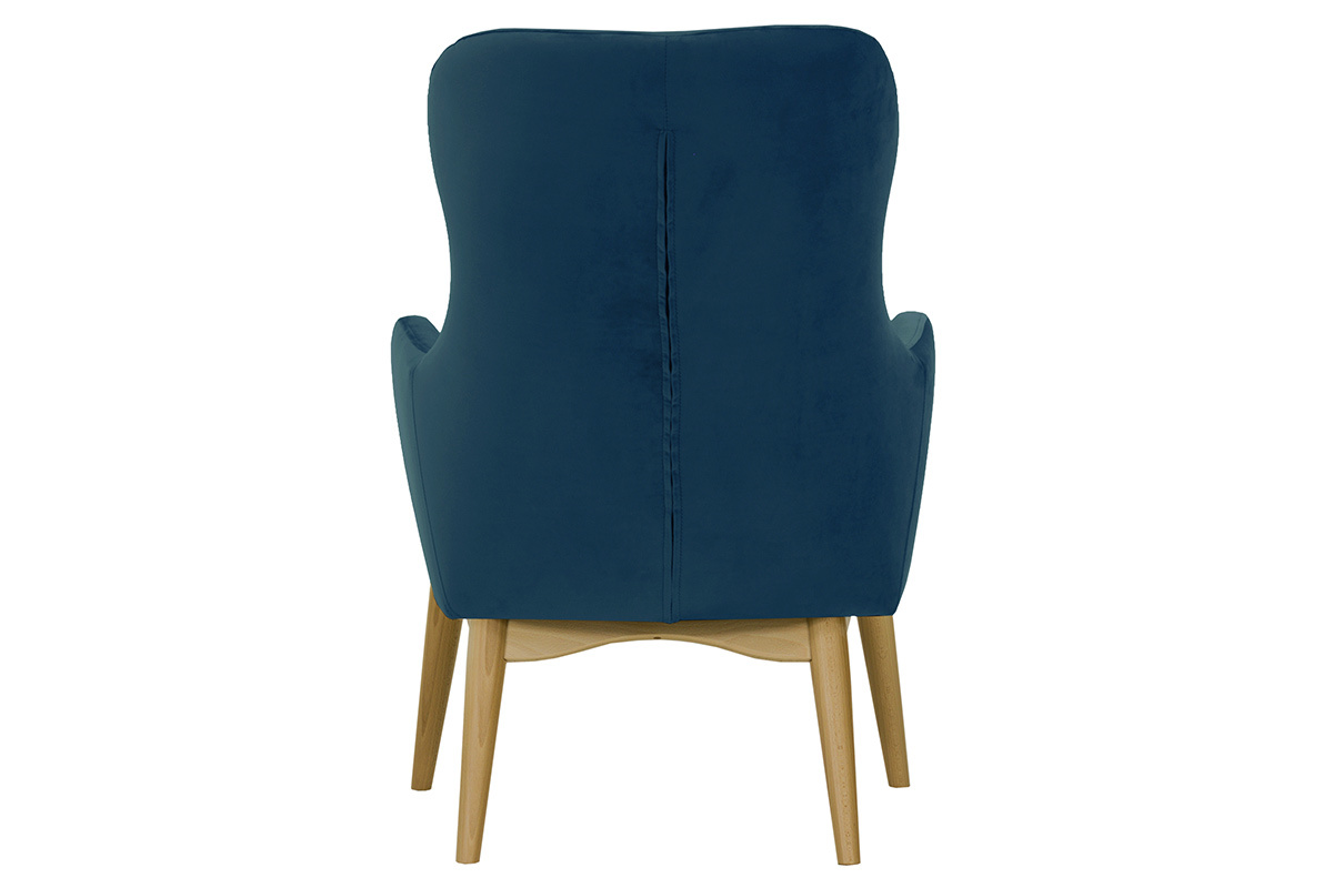 Fauteuil capitonn� velours bleu marine et bois LEONIE