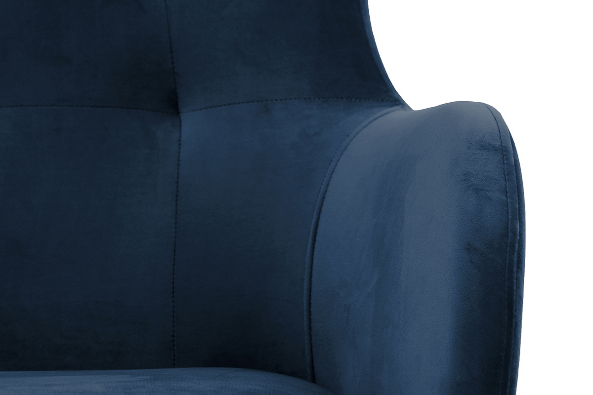 Fauteuil capitonn� velours bleu marine et bois LEONIE