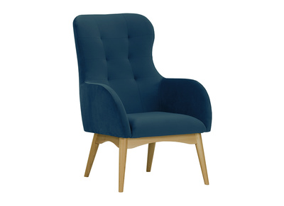 Fauteuil capitonn&eacute; velours bleu marine et bois LEONIE