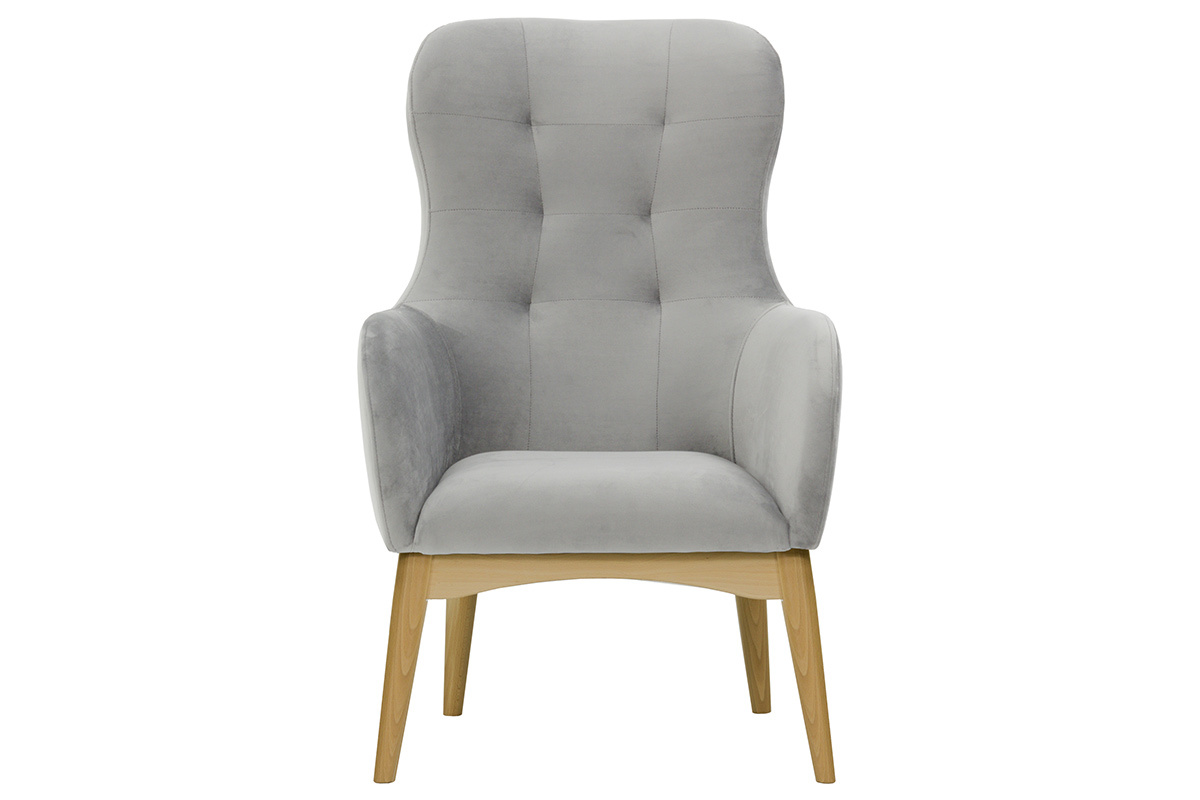 Fauteuil capitonn� velours gris et bois LEONIE