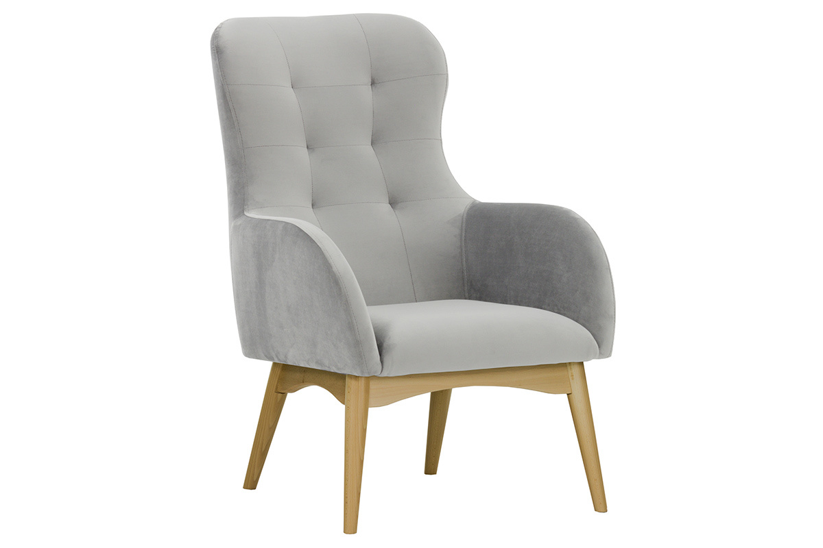Fauteuil capitonn� velours gris et bois LEONIE