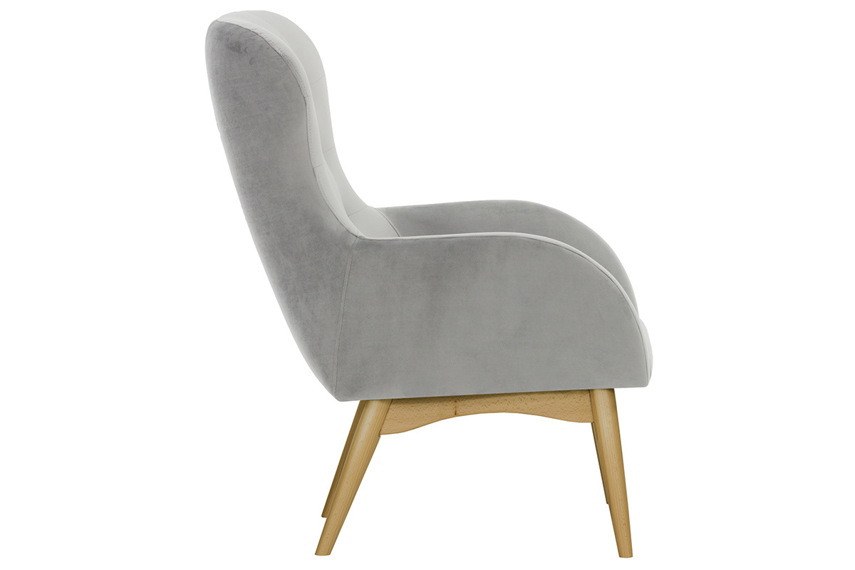 Fauteuil capitonn� velours gris et bois LEONIE