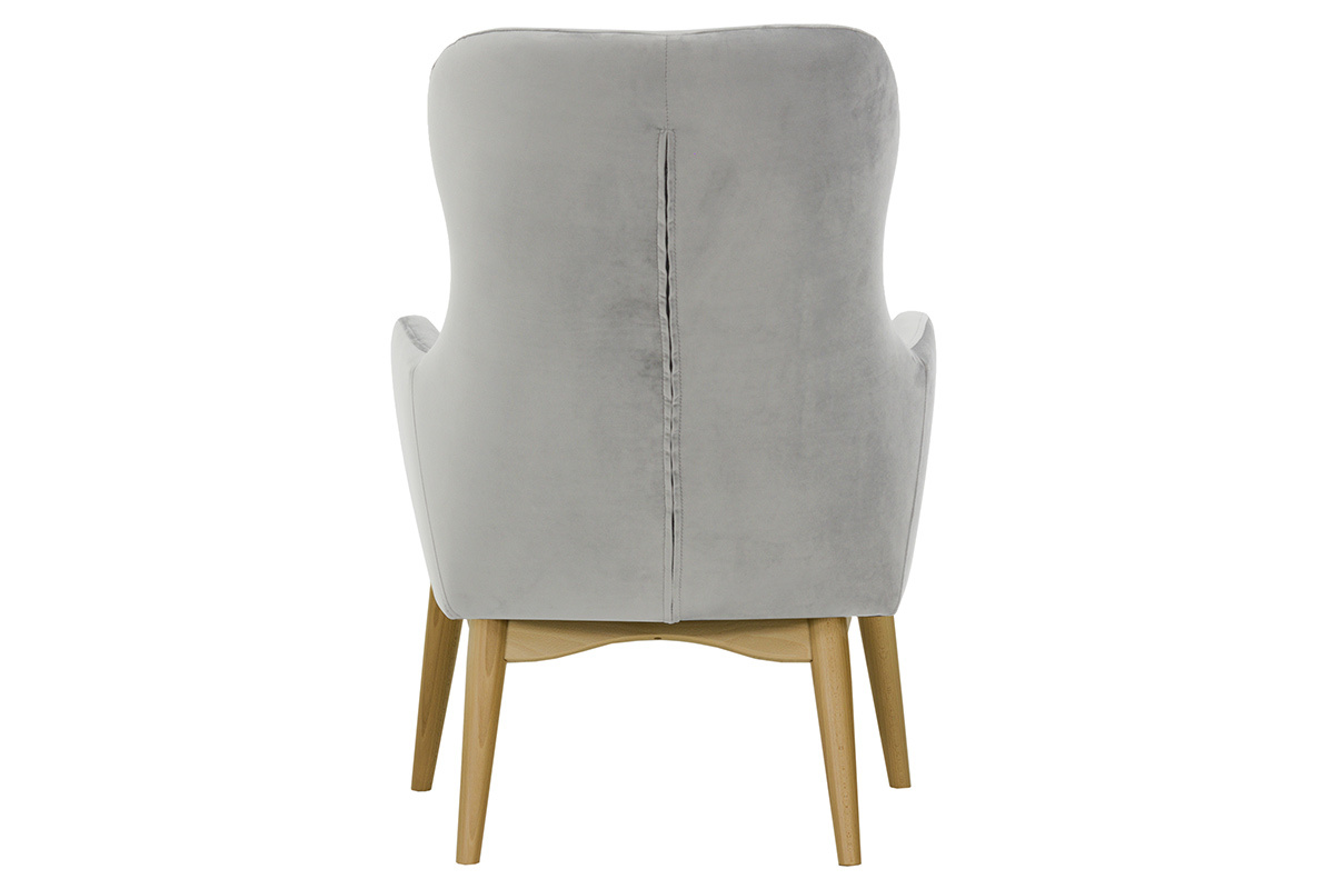 Fauteuil capitonn� velours gris et bois LEONIE