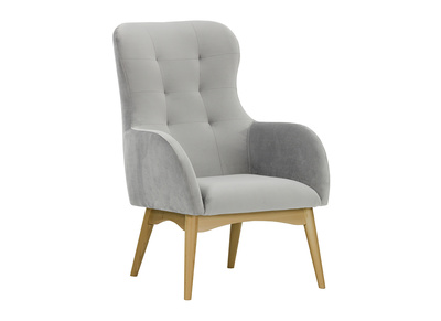 Fauteuil capitonn&eacute; velours gris et bois LEONIE