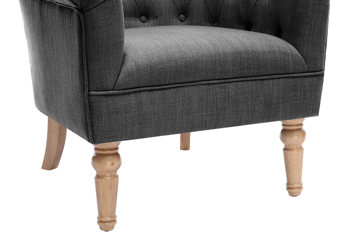 Fauteuil classique tissu gris fonc� pieds bois BALTHAZAR