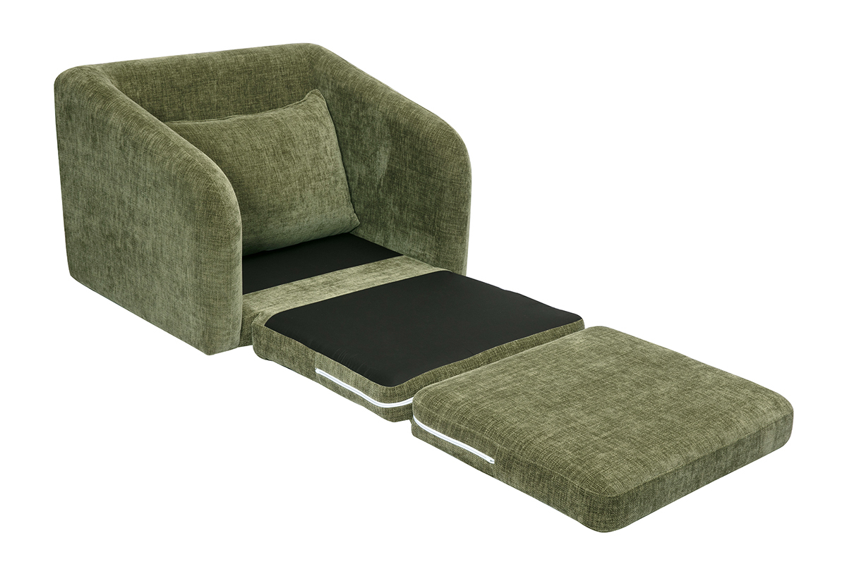 Fauteuil convertible en tissu effet velours textur vert kaki MAHAUT
