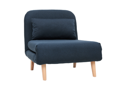 Fauteuil convertible scandinave en tissu bleu foncé et bois clair AMIKO