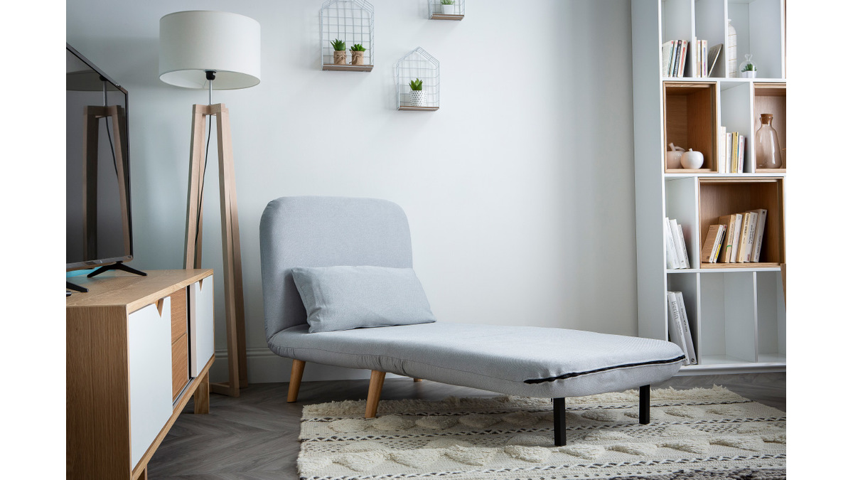 Fauteuil convertible scandinave en tissu gris clair et bois clair AMIKO