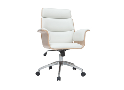 Fauteuil de bureau à roulettes design blanc, bois clair et acier chromé ELON