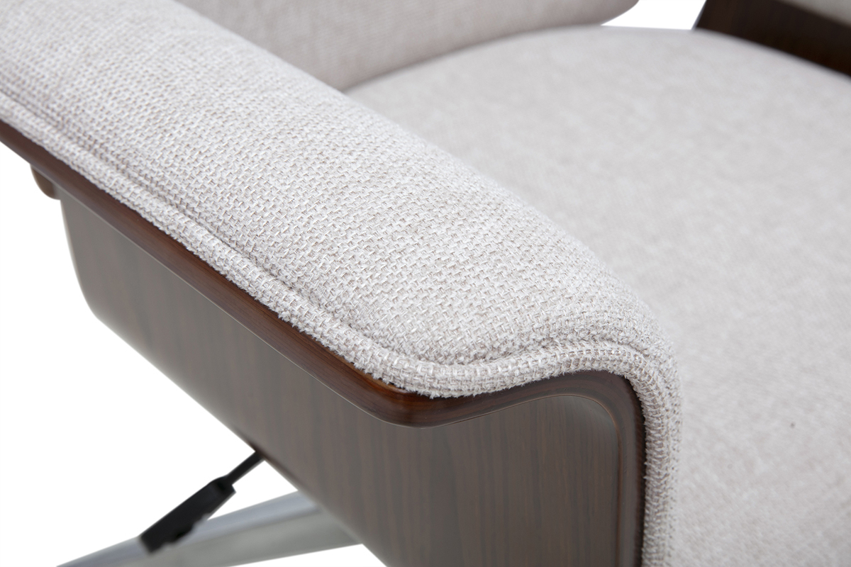 Fauteuil de bureau � roulettes design en tissu effet velours textur� beige, bois clair et acier chrom� ELON