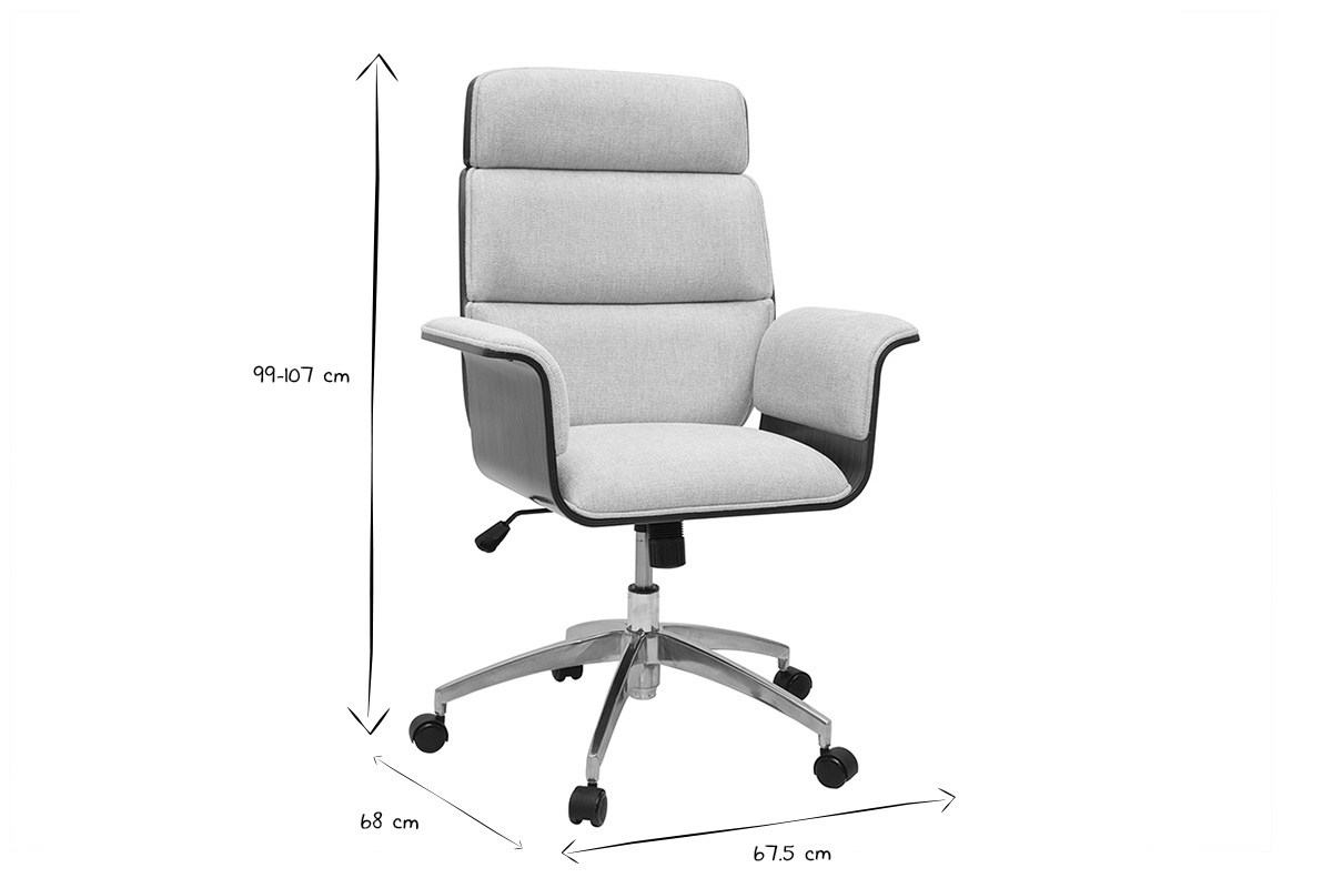 Fauteuil de bureau � roulettes design en tissu effet velours textur� beige, bois fonc� et acier chrom� ELON