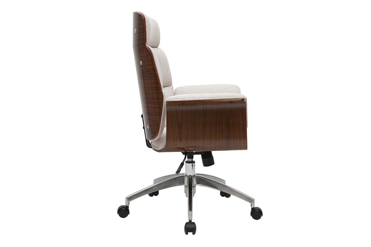 Fauteuil de bureau � roulettes design en tissu effet velours textur� beige, bois fonc� et acier chrom� ELON