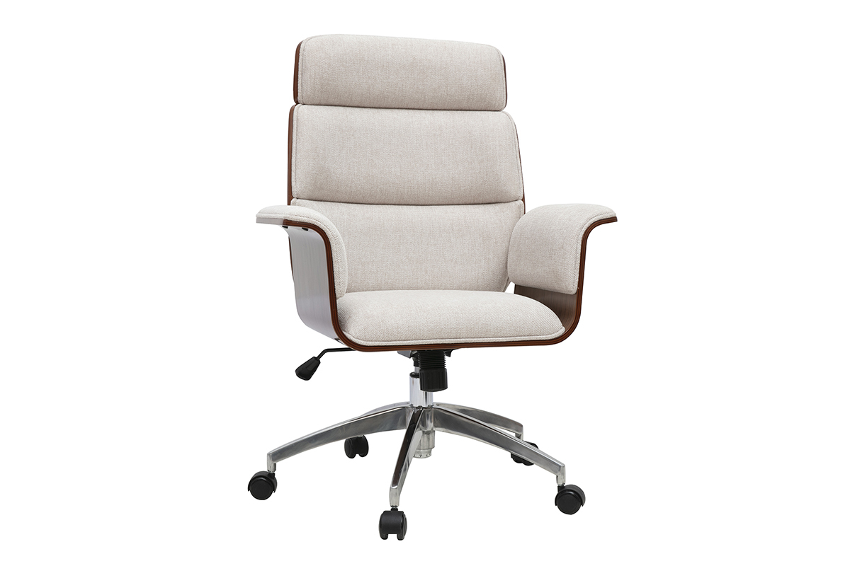 Fauteuil de bureau � roulettes design en tissu effet velours textur� beige, bois fonc� et acier chrom� ELON