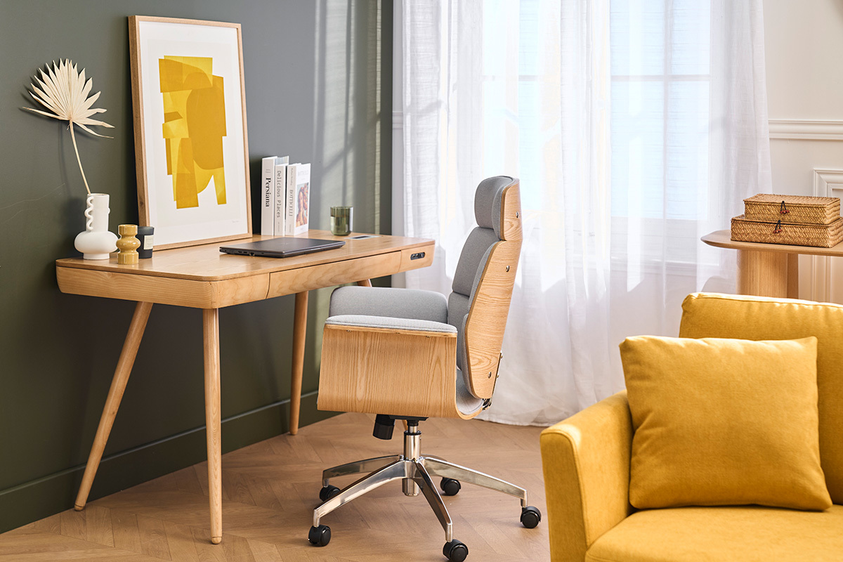 Fauteuil de bureau � roulettes design en tissu gris clair, bois clair et acier chrom� ELON