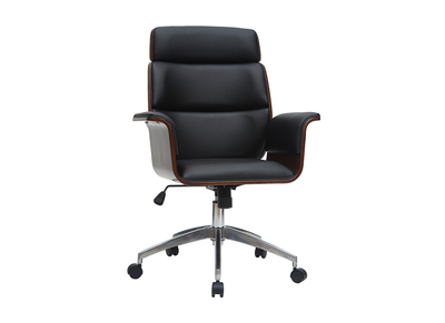Fauteuil de bureau à roulettes design noir, bois foncé noyer et acier chromé ELON