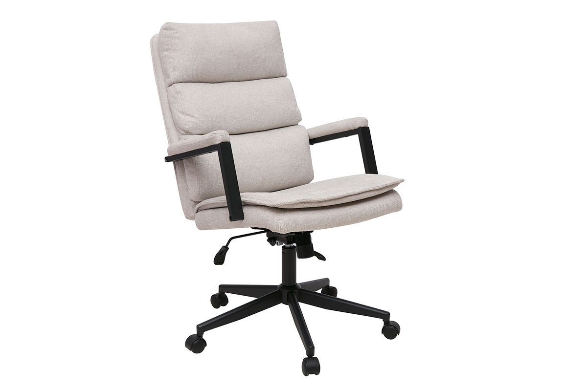 Fauteuil de bureau � roulettes en tissu effet velours textur� beige et m�tal noir SAEL