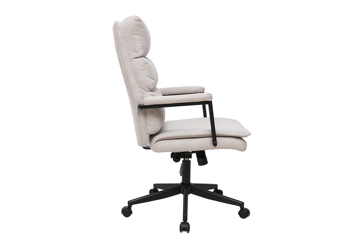 Fauteuil de bureau � roulettes en tissu effet velours textur� beige et m�tal noir SAEL