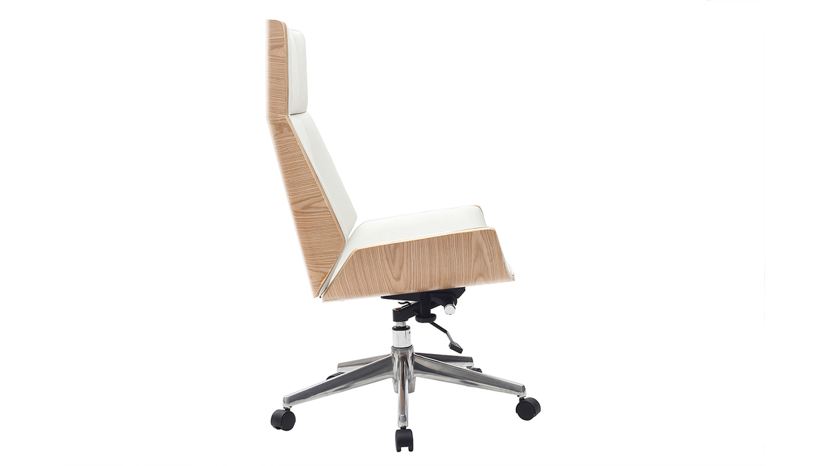 Fauteuil de bureau de direction design blanc, bois clair et acier chrom CURVED