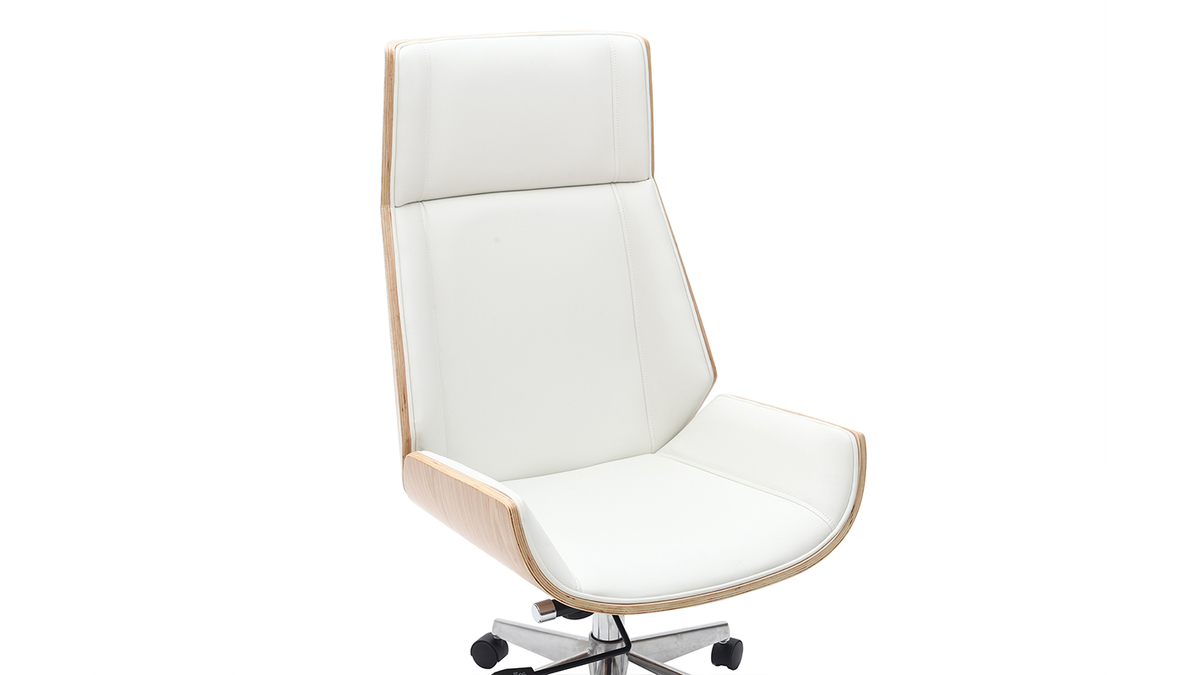 Fauteuil de bureau de direction design blanc, bois clair et acier chrom CURVED