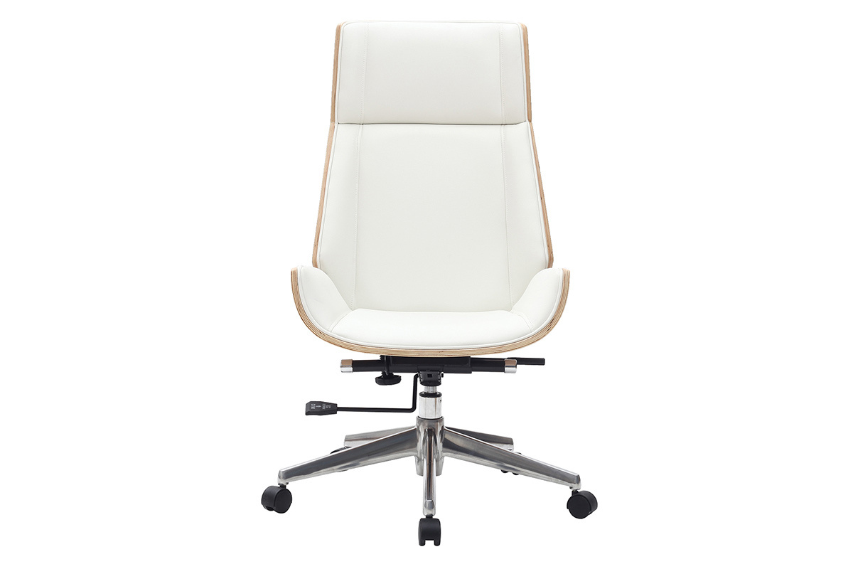 Fauteuil de bureau de direction design blanc, bois clair et acier chrom CURVED
