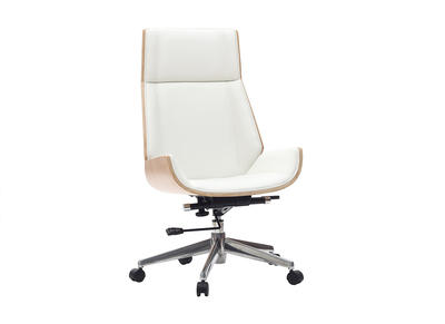 Fauteuil de bureau de direction design blanc, bois clair et acier chromé CURVED