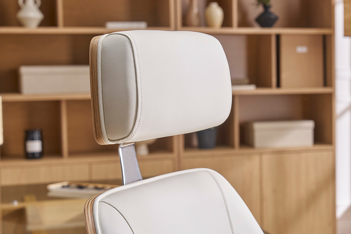 Fauteuil de bureau de direction design blanc, bois clair et acier chrom MUSK