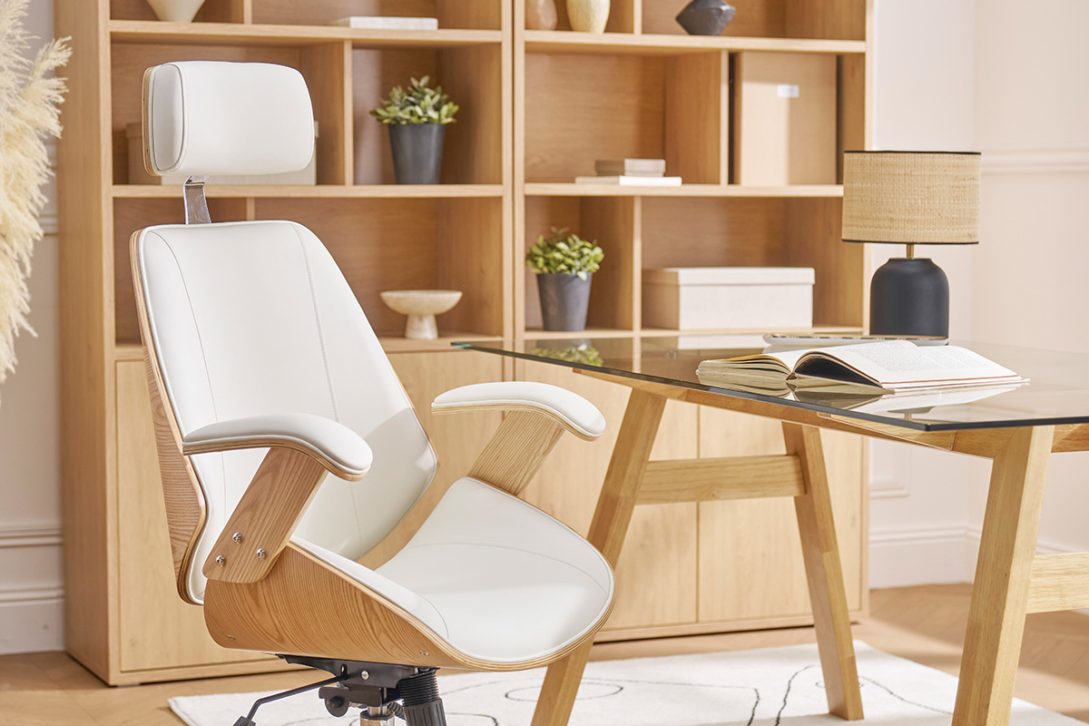 Fauteuil de bureau de direction design blanc, bois clair et acier chrom MUSK