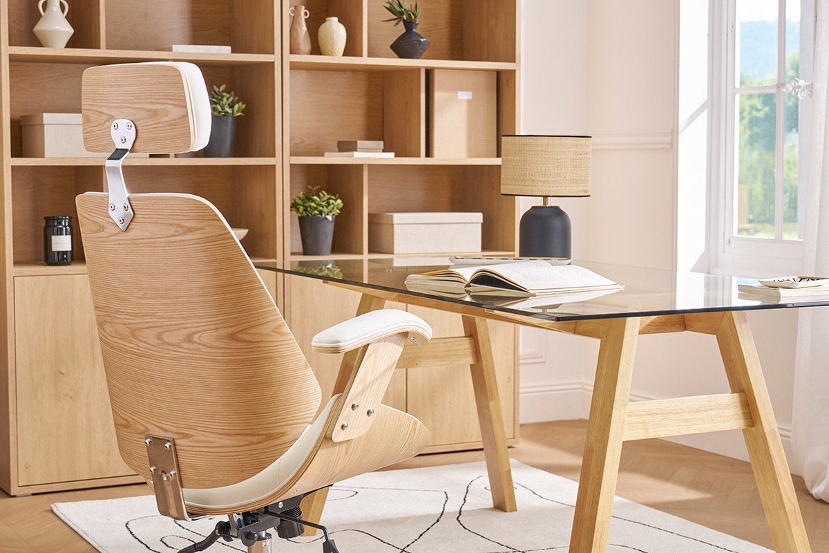 Fauteuil de bureau de direction design blanc, bois clair et acier chrom MUSK