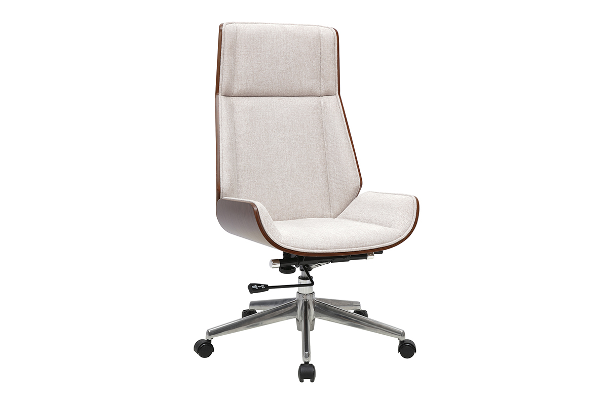 Fauteuil de bureau de direction design en tissu effet velours textur� beige, bois fonc� et acier chrom� CURVED