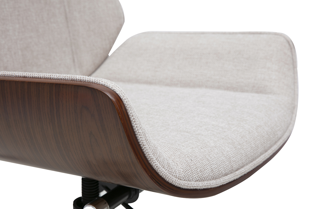 Fauteuil de bureau de direction design en tissu effet velours textur� beige, bois fonc� et acier chrom� CURVED