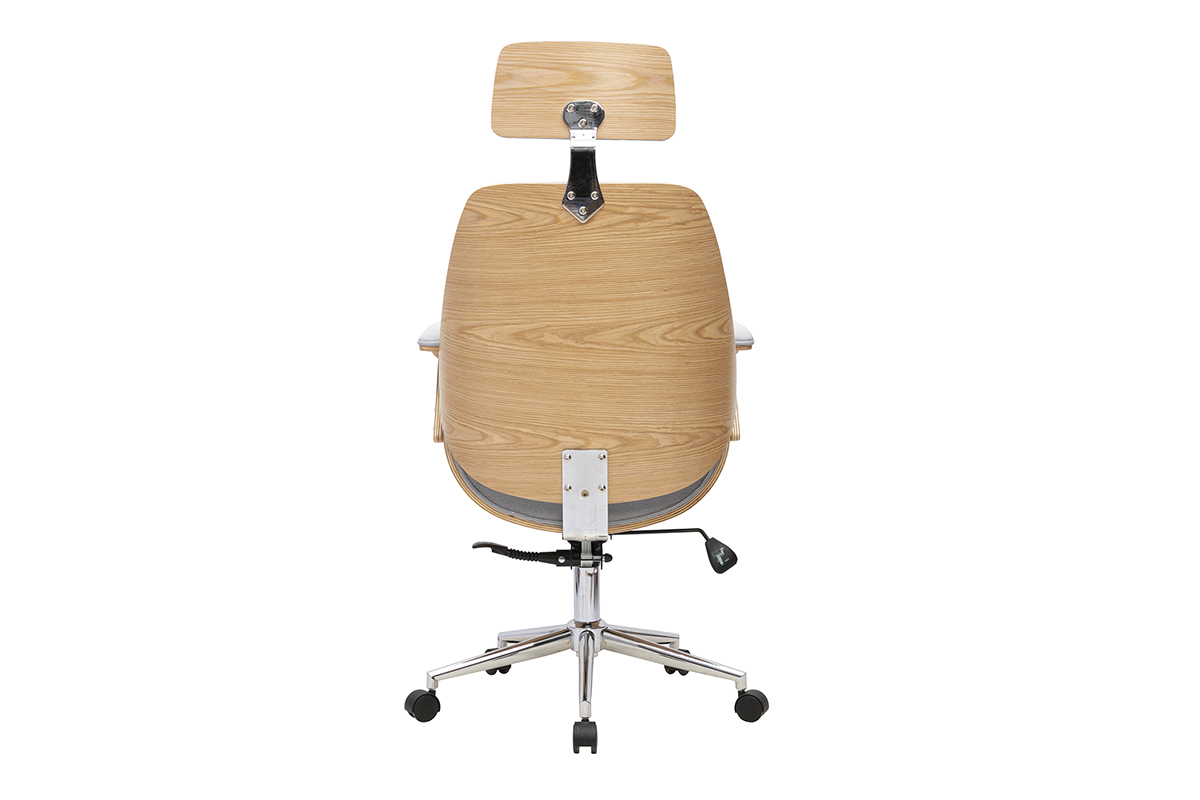 Fauteuil de bureau de direction design en tissu gris, bois clair et acier chrom� MUSK