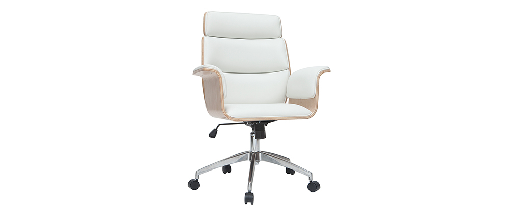 Fauteuil de bureau design blanc et bois clair ELON