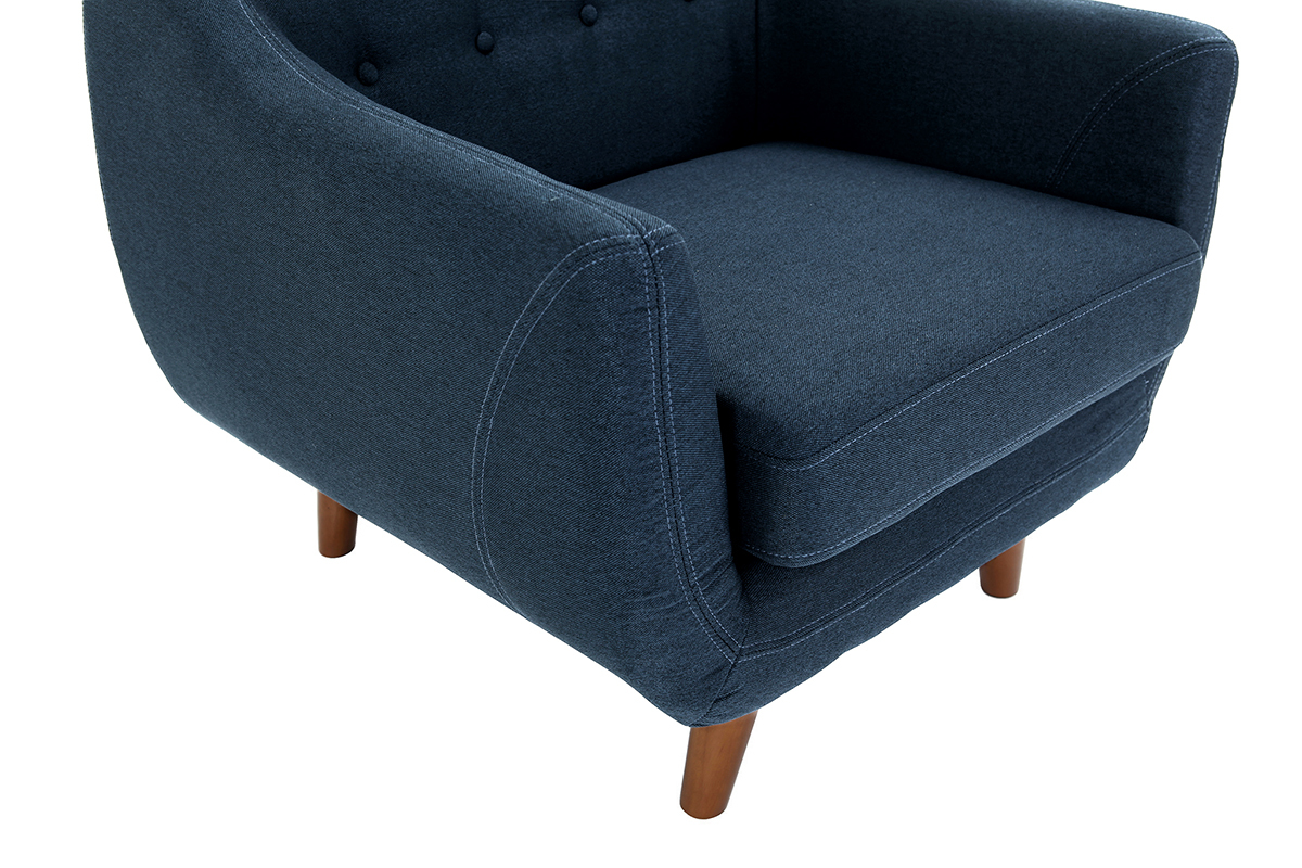 Fauteuil dhoussable en tissu bleu fonc et bois fonc YNOK