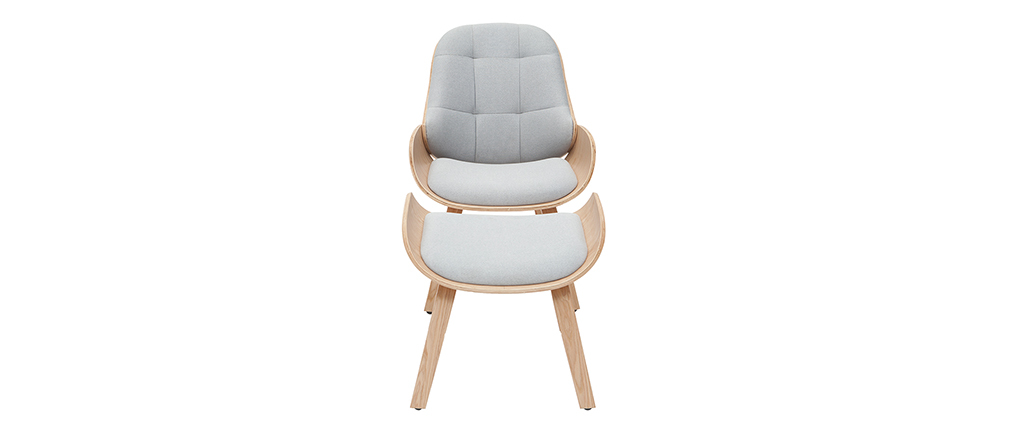 Fauteuil design avec repose-pieds tissu gris clair et bois VIVI