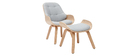 Fauteuil design avec repose-pieds tissu gris clair et bois VIVI
