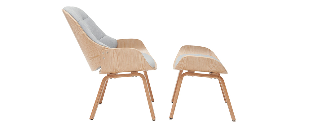 Fauteuil design avec repose-pieds tissu gris clair et bois VIVI