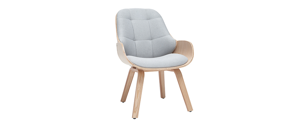 Fauteuil design avec repose-pieds tissu gris clair et bois VIVI