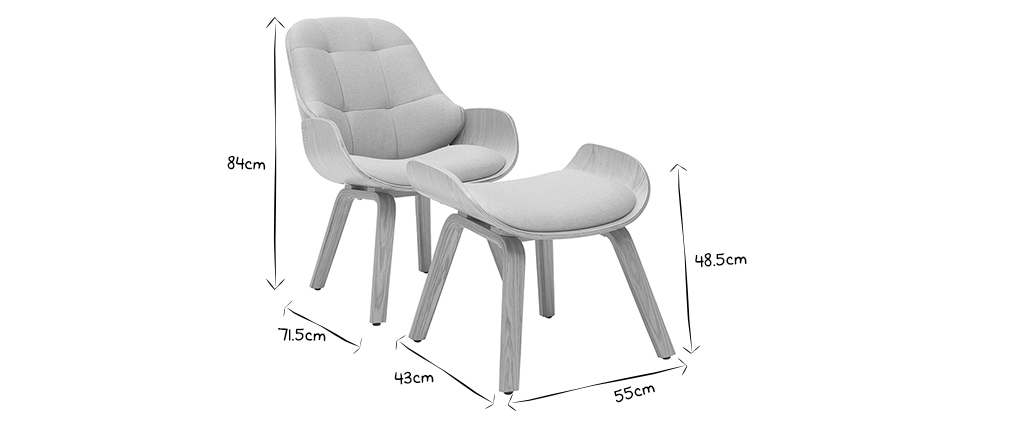 Fauteuil design avec repose-pieds tissu gris clair et bois VIVI