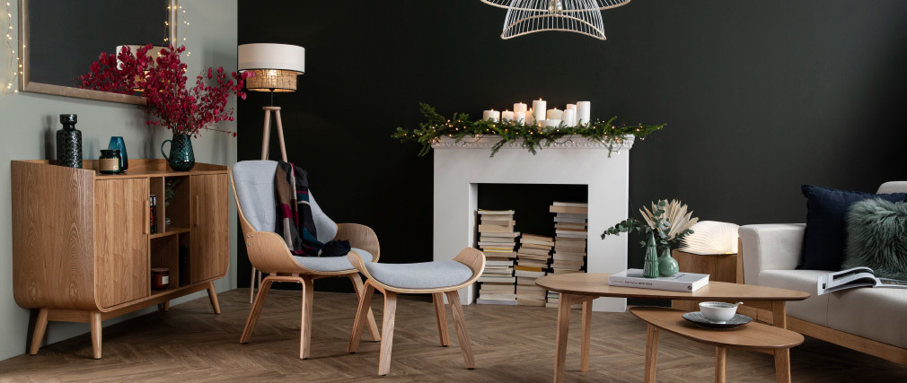 Fauteuil design avec repose-pieds tissu gris clair et bois VIVI