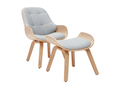 Fauteuil design avec repose-pieds tissu gris clair et bois VIVI