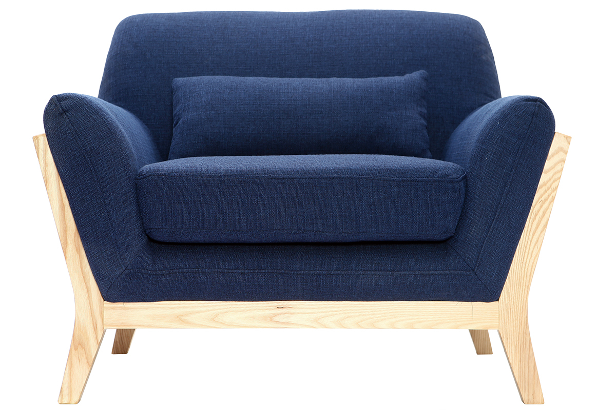 Fauteuil design bleu fonc� pieds bois YOKO