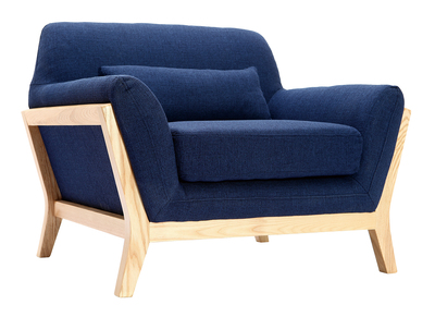 Fauteuil design bleu fonc&eacute; pieds bois YOKO