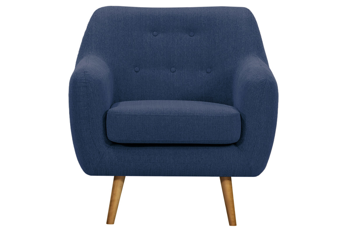 Fauteuil design bois clair et tissu bleu fonc� OLAF