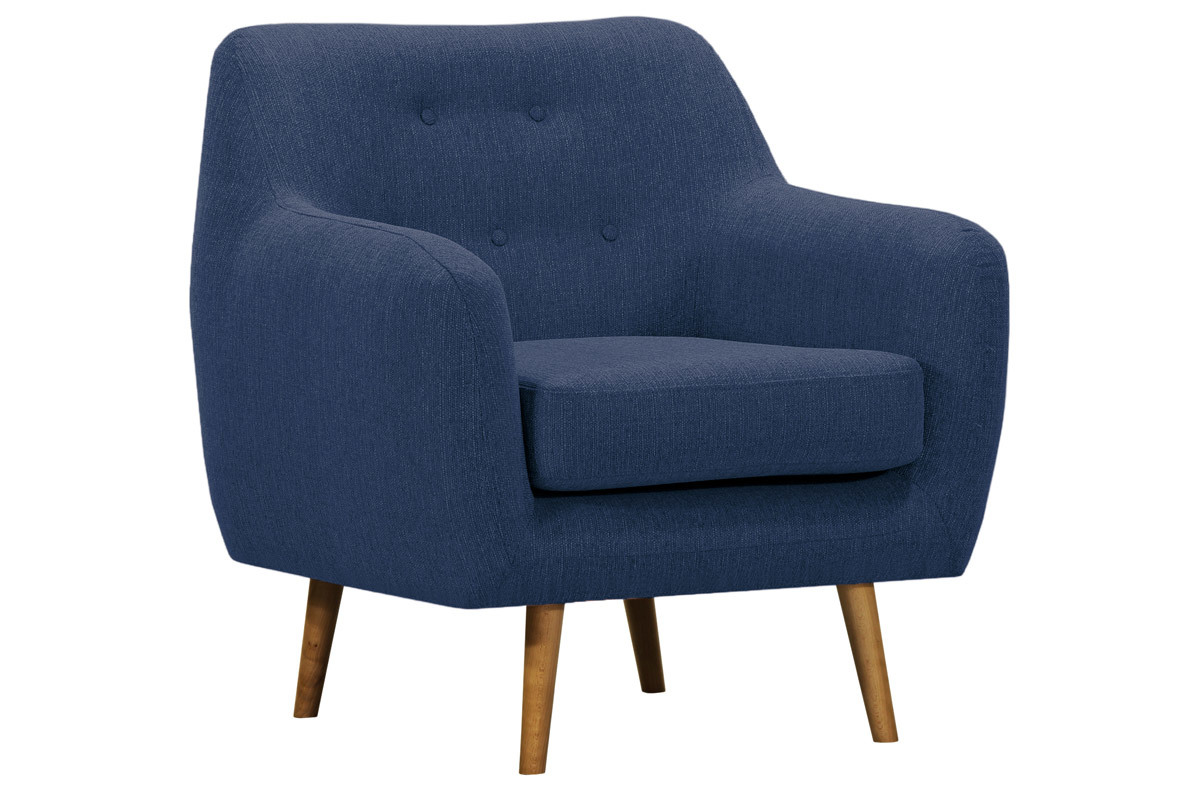 Fauteuil design bois clair et tissu bleu fonc� OLAF
