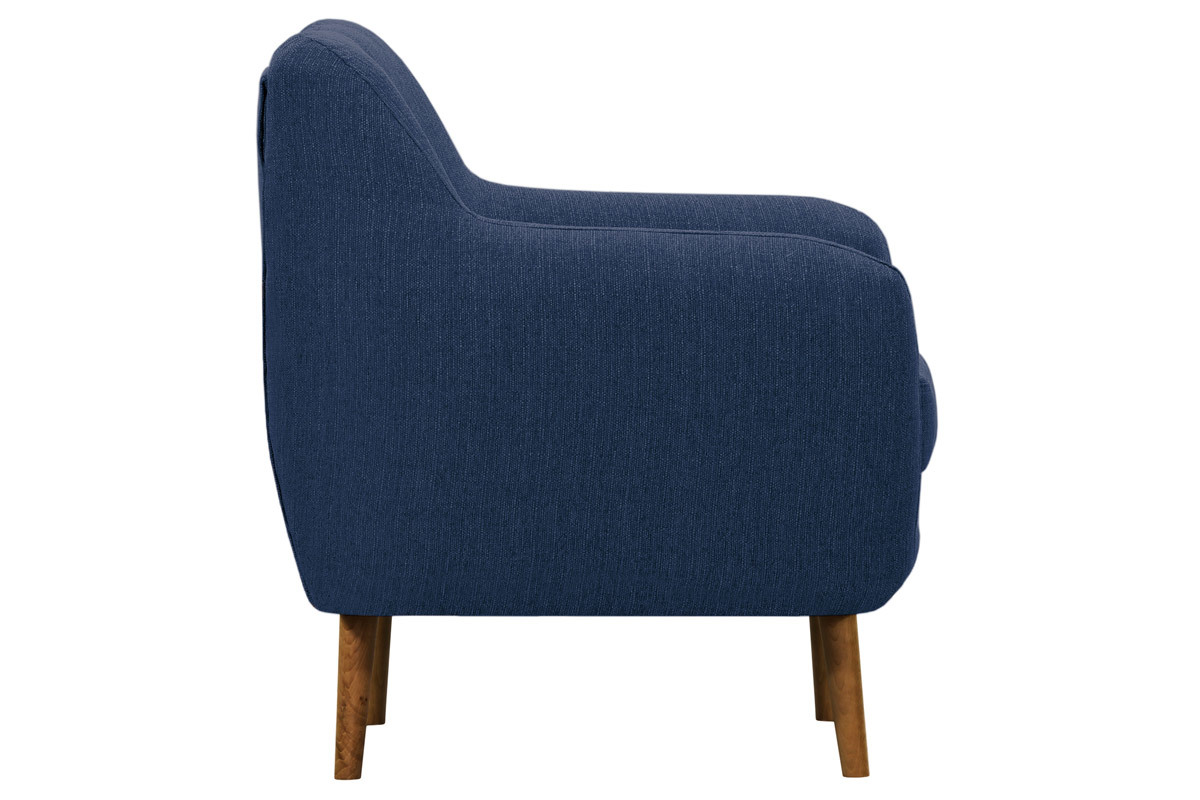 Fauteuil design bois clair et tissu bleu fonc� OLAF