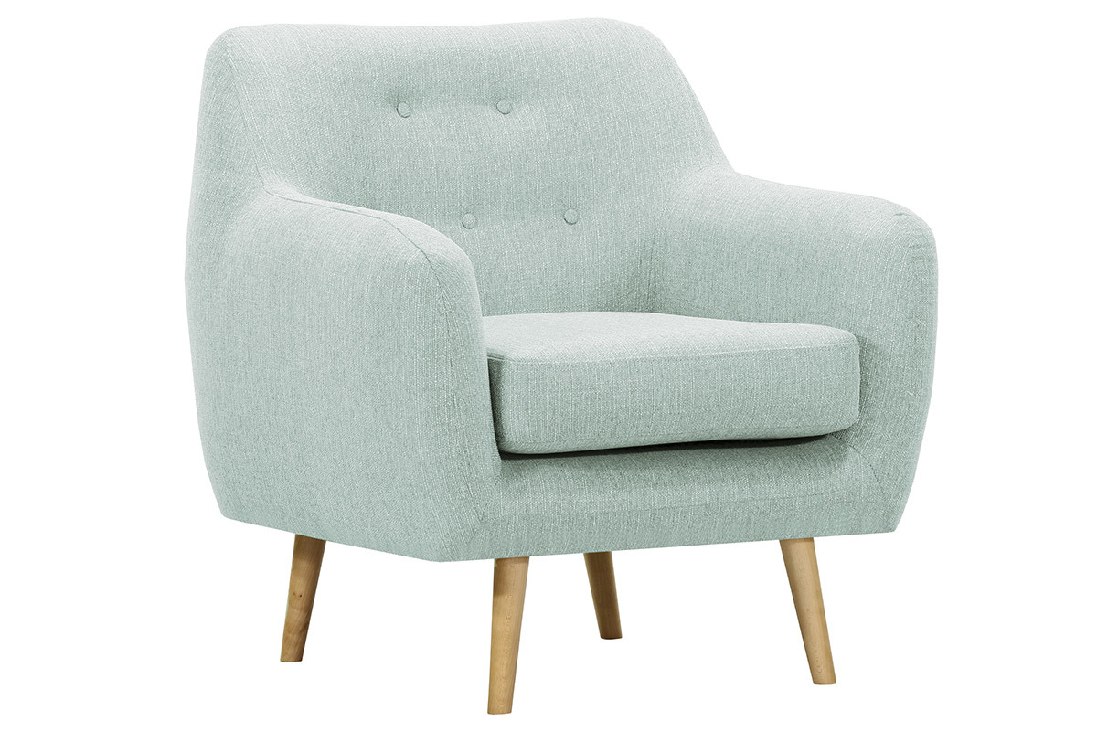 Fauteuil design bois clair et tissu vert menthe OLAF