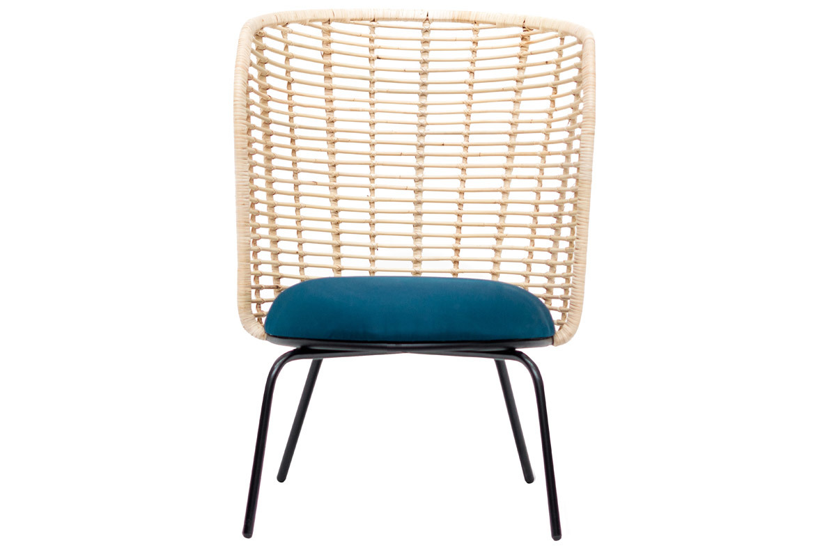 Fauteuil design en rotin et tissu bleu ptrole NICOLAS