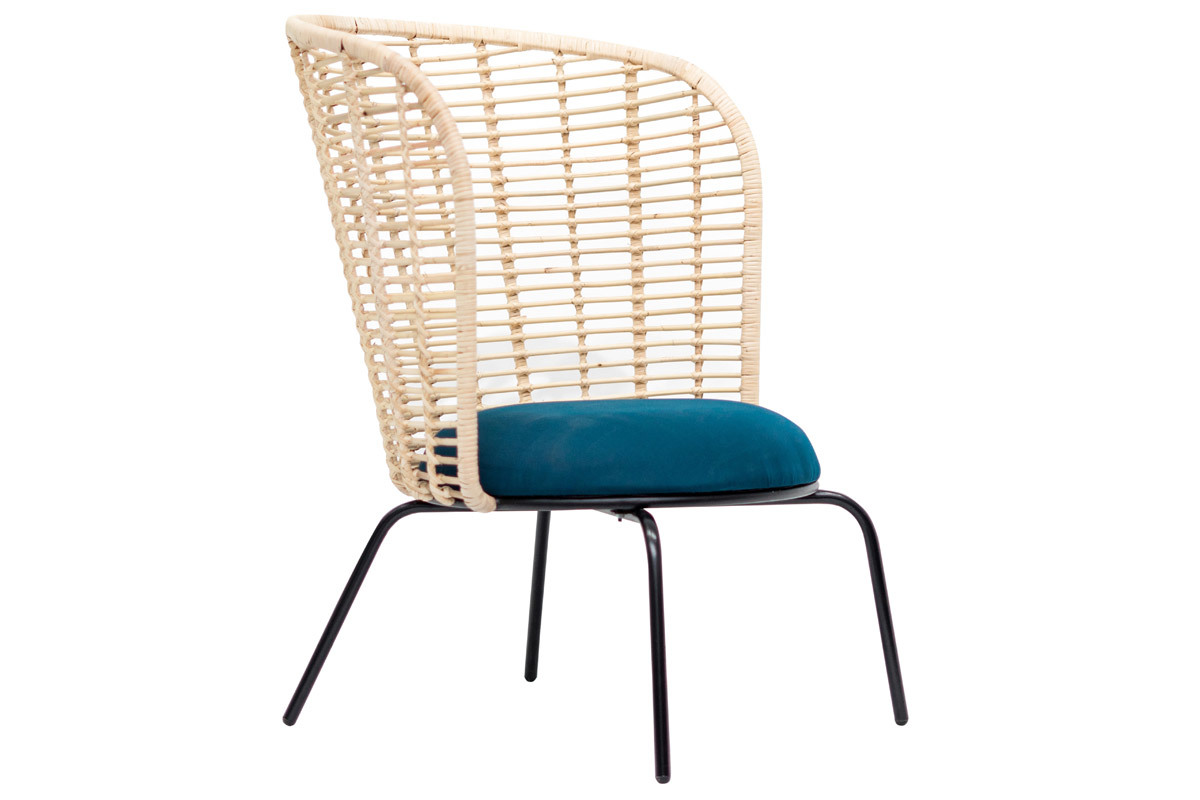 Fauteuil design en rotin et tissu bleu ptrole NICOLAS
