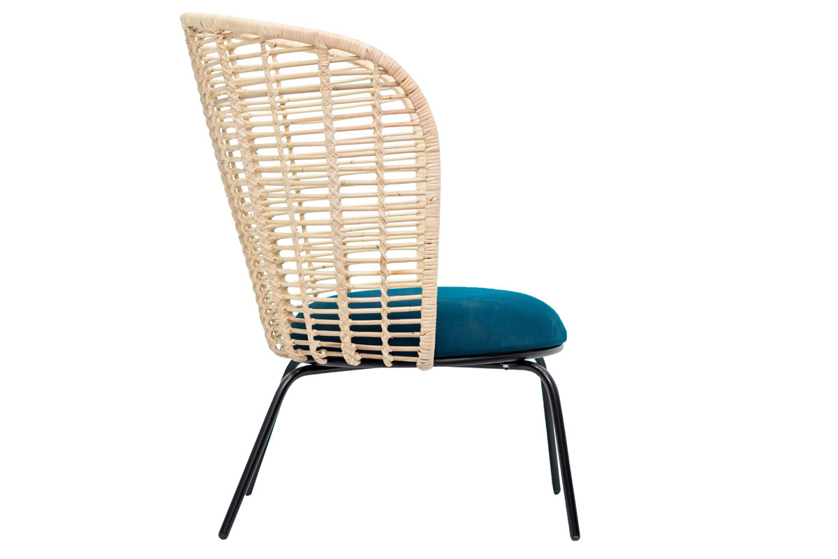 Fauteuil design en rotin et tissu bleu ptrole NICOLAS