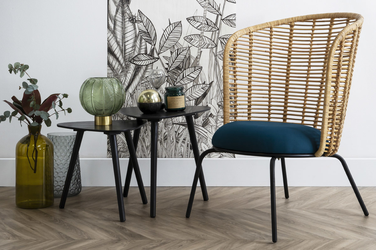 Fauteuil design en rotin et tissu bleu ptrole NICOLAS